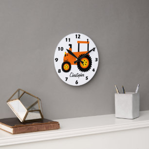 Orange Tractor Design Personalised Round Clock