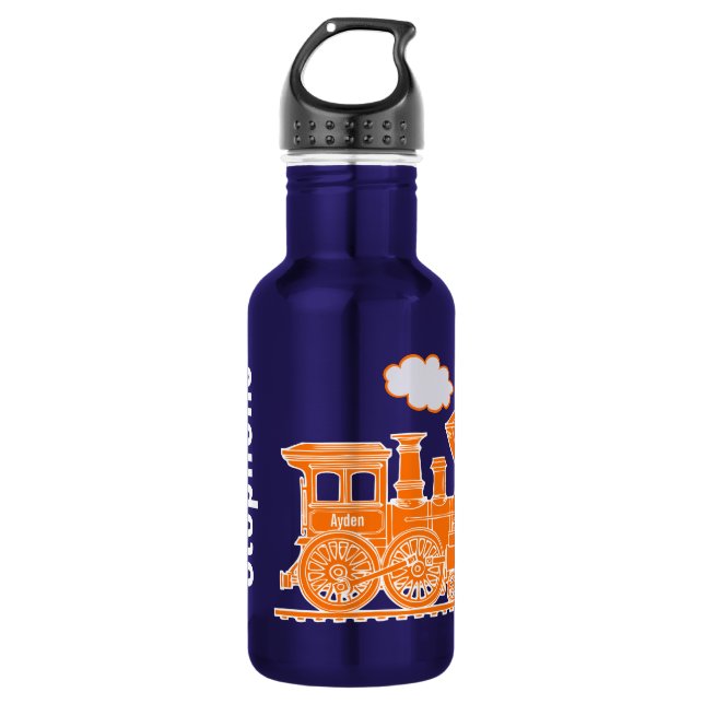 Orange train kids full name teal drinks bottle (Front)