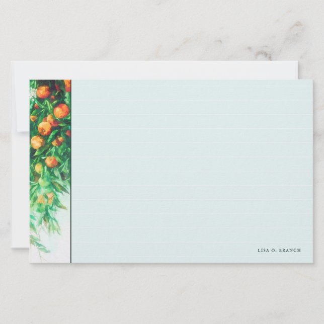Orange Tree Branch Watercolor Note Card w Lines (Front)