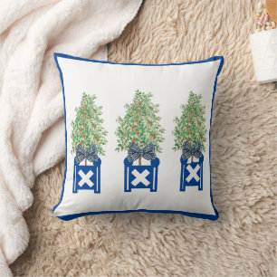 Orange tree Topiary Blue Chinoiserie Throw Pillow