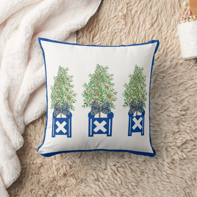 Orange tree Topiary Blue Chinoiserie  Throw Pillow (Blanket)