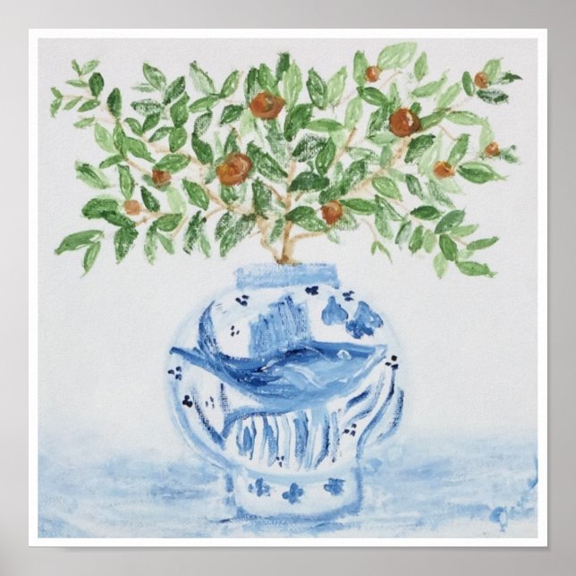 Orange Tree Topiary Blue Ginger Jar  Art Print (Front)