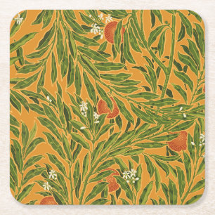 Orange Tree Vintage Wallpaper Pattern Art Nouveau Square Paper Coaster