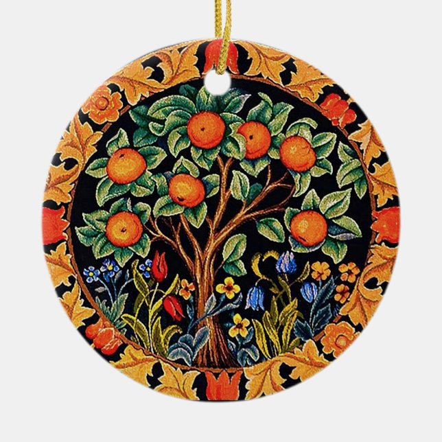 ORANGE TREE WITH GREEN LEAVES,FLOWERS CERAMIC ORNAMENT (Front)