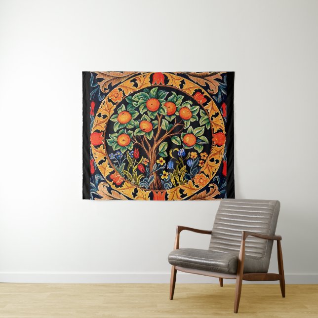 ORANGE TREE WITH GREEN LEAVES,FLOWERS TAPESTRY (In Situ (Horizontal))