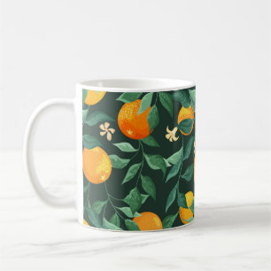 Orange trees, branches with flowers on a green bac coffee mug