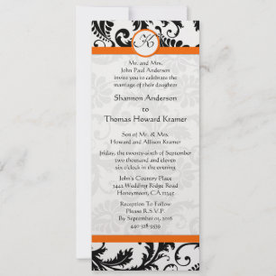 Orange Trim Black and White  Damask Wedding Invite