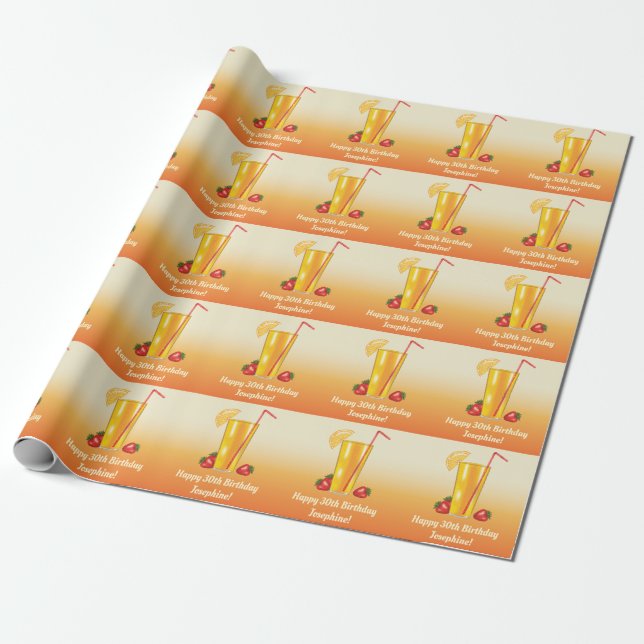 Orange Tropical Drink And Strawberries Birthday Wrapping Paper (Unrolled)