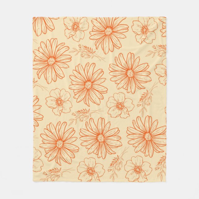 Orange Tropical Floral Botanical Retro Summer Fleece Blanket (Front)