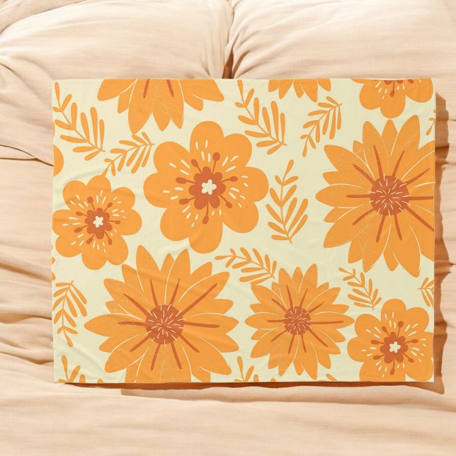 Orange Tropical Floral Botanical Retro Summer Fleece Blanket (Creator Uploaded)