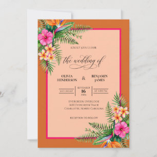 Orange Tropical Hibiscus Eucalyptus Wedding Invitation