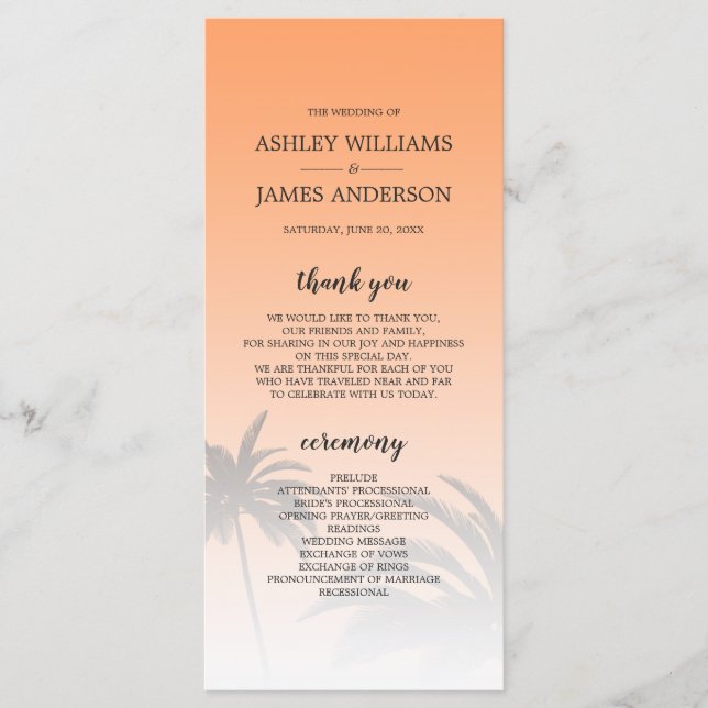 Orange Tropical Palm Tree Beach Wedding Program (Front)