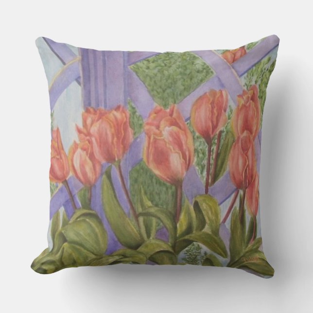 ORANGE TULIP FLOWERS ON PURPLE LATTICE PATIO OUTDOOR PILLOW (Front)
