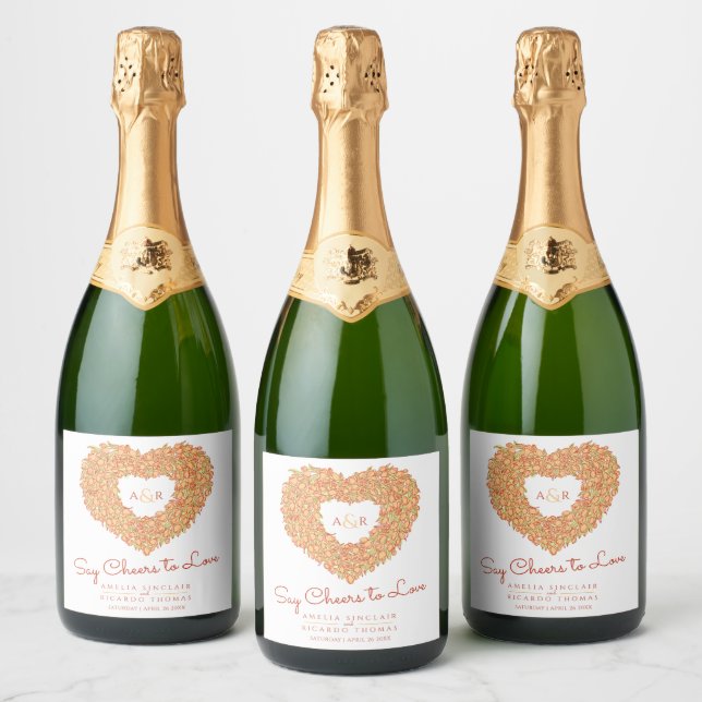 Orange tulip heart bouquet ink art wedding sparkling wine label (Bottles)