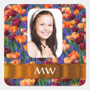 Orange tulip personalized photo square sticker