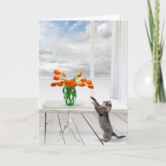 Orange Tulips and Cat Birthday Card (Front)