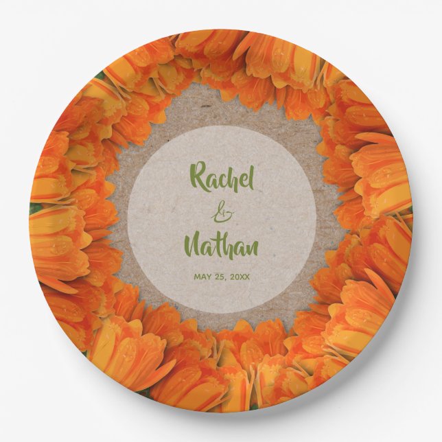 Orange Tulips on Kraft Pattern Paper Plates (Front)