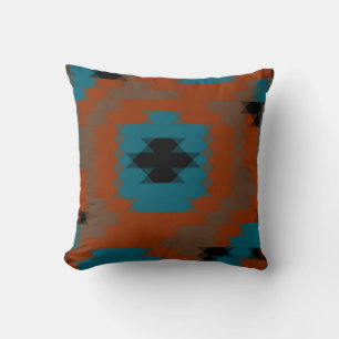 orange turquoise and black geometric throw pillow