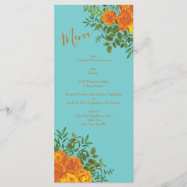 Orange & Turquoise Aqua Peony & Mariage Rose Menu (Devant)