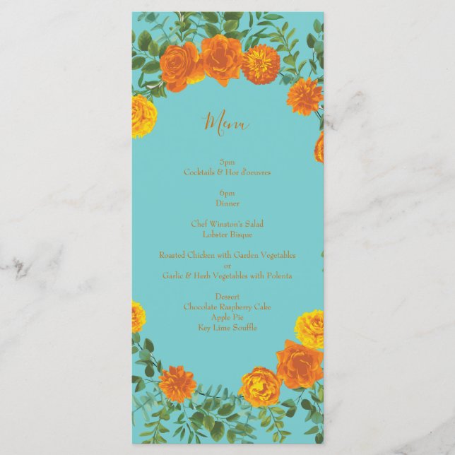 Orange & Turquoise Aqua Peony & Mariage Rose Menu (Devant)