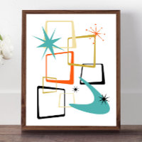 Orange Turquoise Atomic Stars Boomerang Midcentury