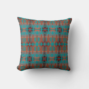 Orange Turquoise Black Mediterranean Large Tiles Throw Pillow