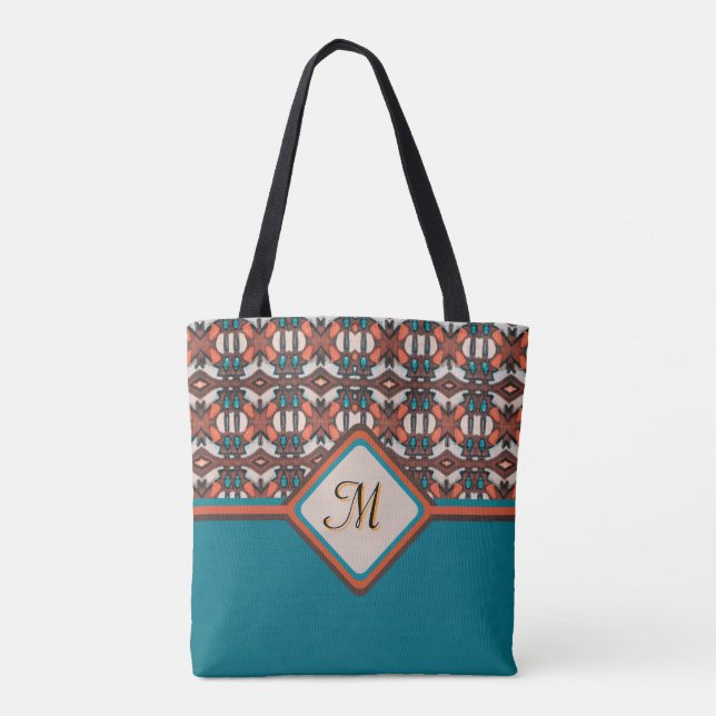 Orange, Turquoise, Brown Tribal Inspired Tote Bag (Back)