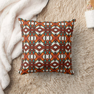 Orange, Turquoise, Brown Tribal Symmetry Throw Pillow
