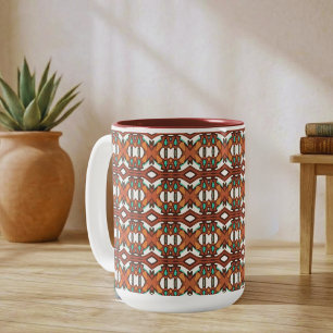 Orange, Turquoise, Brown Tribal Symmetry Two-Tone Coffee Mug