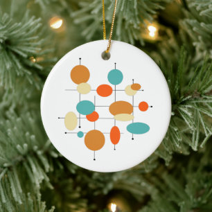 Orange Turquoise Circles Mid Century Christmas Ceramic Ornament