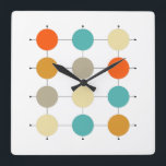 Orange Turquoise Cream Circles On Grid Mid Century Square Wall Clock<br><div class="desc">This funky mid century modern square clock is bright and cheerful... add a little fun to your wall with this mid mod design featuring two shades of orange,  turquoise blue,  cream,  tan circles,  on black grid lines.</div>