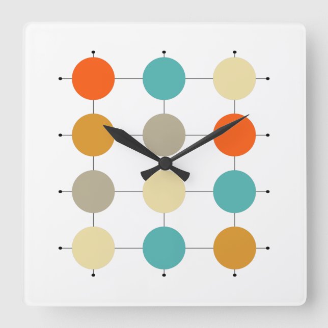 Orange Turquoise Cream Circles On Grid Mid Century Square Wall Clock (Front)