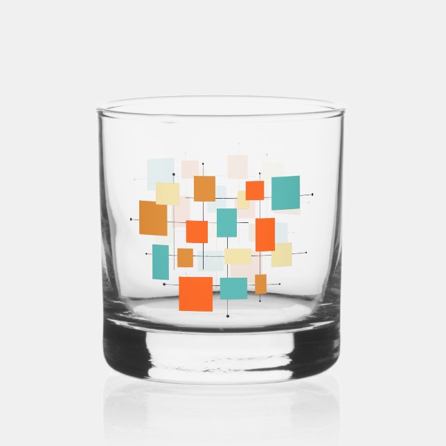 Orange Turquoise Cream Squares Mid Century  Whiskey Glass (Front)