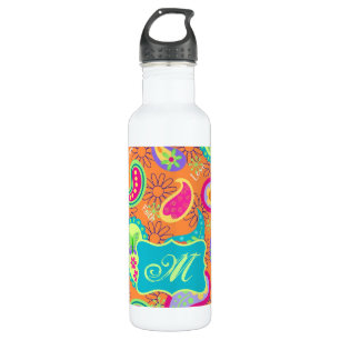 Orange Turquoise Modern Paisley Pattern Monogram 710 Ml Water Bottle