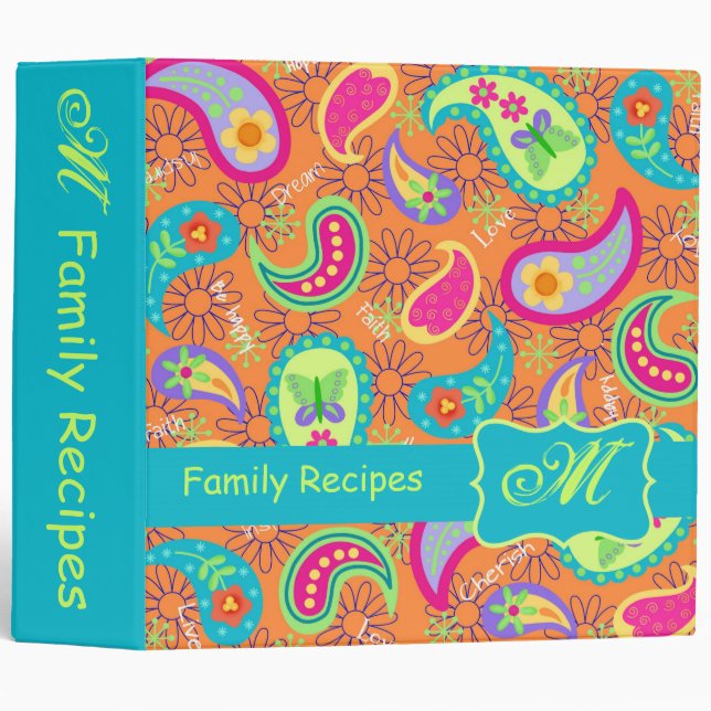 Orange Turquoise Modern Paisley Pattern Monogram Binder (Front/Spine)