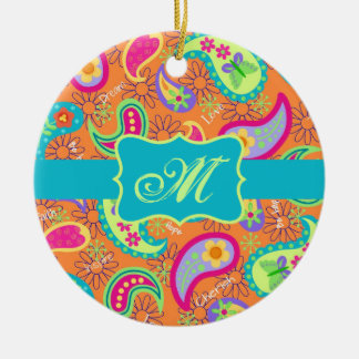 Orange Turquoise Modern Paisley Pattern Monogram Ceramic Ornament