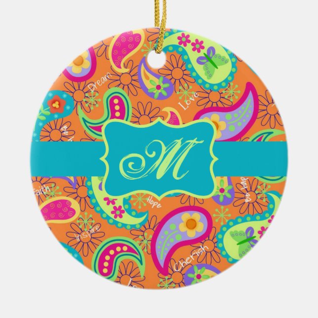 Orange Turquoise Modern Paisley Pattern Monogram Ceramic Ornament (Front)
