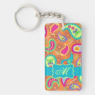 Orange Turquoise Modern Paisley Pattern Monogram Keychain