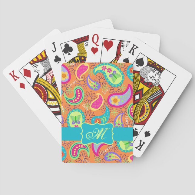 Orange Turquoise Modern Paisley Pattern Monogram Playing Cards (Back)