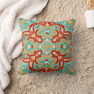 orange turquoise mosaic pattern throw pillow