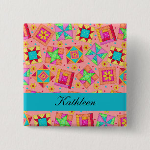 Orange Turquoise Patchwork Quilt Blocks Name Badge 2 Inch Square Button
