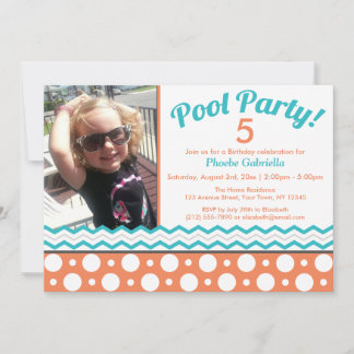 Orange & Turquoise Pool Party Birthday Invitations