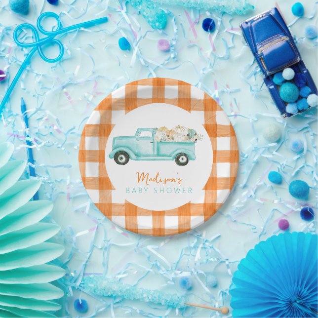 Orange & turquoise Pumpkin Harvest Truck  Paper Plate (Party)