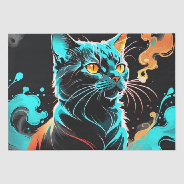 Orange, Turquoise smoke Black Cat Decoupage Tissue Paper (Front)