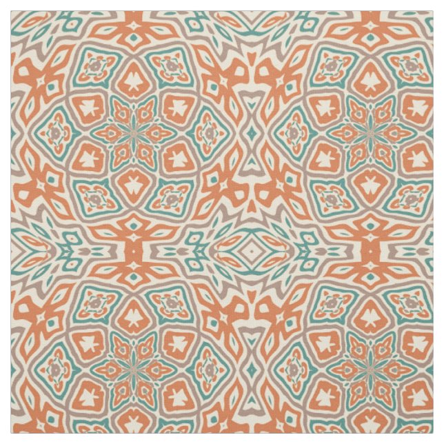 Orange Turquoise Teal Taupe Kaleidoscope Pattern Fabric (Swatch)