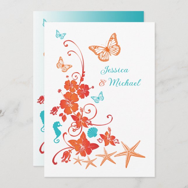 Orange, Turquoise, White Destination Wedding Invitation (Front/Back)