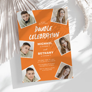 Orange Twin Birthday Photo Collage Invitation