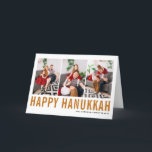 Orange Typography Happy Hanukkah Photo Collage Holiday Card<br><div class="desc">Happy Hanukkah! Customizable Happy Hanukkah photo collage card featuring orange simple typography and snow pattern. Personalize by adding three photos,  names,  year and other details. This modern Hanukkah card is available in other colours and cardstock.</div>