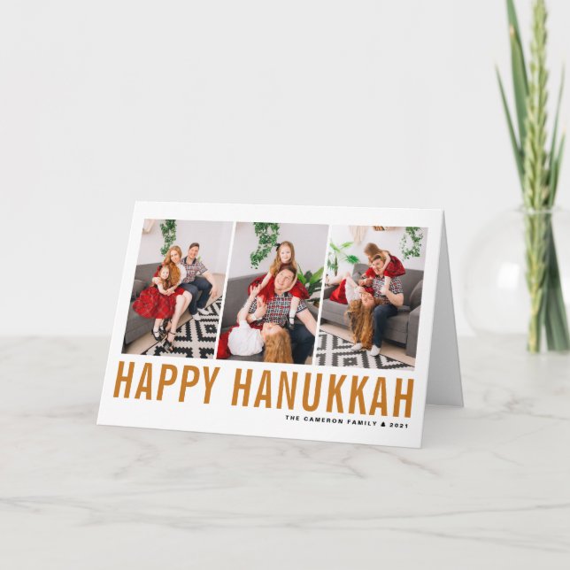 Orange Typography Happy Hanukkah Photo Collage Holiday Card (Front)