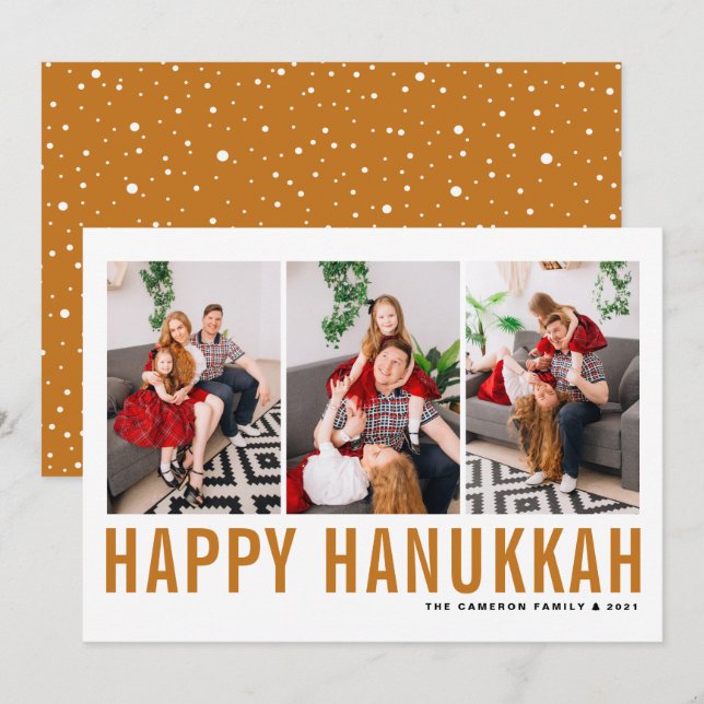 Orange Typography Photo Collage Happy Hanukkah Holiday Card (Front/Back)